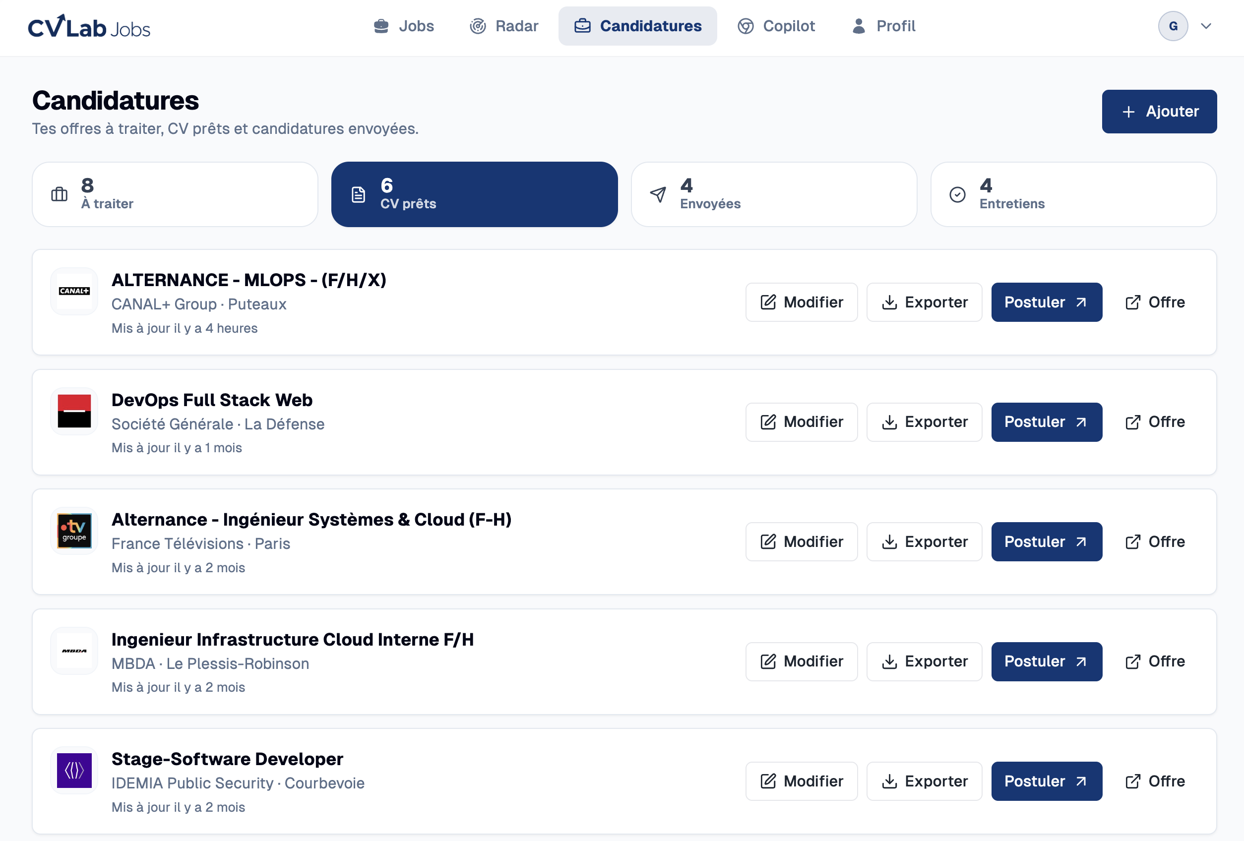 Dashboard CVLab Jobs des candidatures
